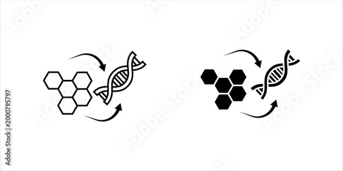 Minimal outline icon set. illustrating DNA strands connected with molecular structures representing biotechnology, genetic engineering, and scientific research processes.