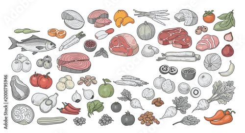 Large set of various healthy food ingredients including fish, meat, vegetables, fruits, and mushrooms in sketch style.