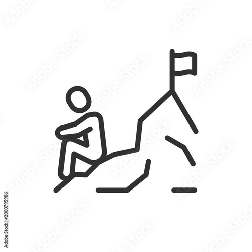 Person failing to reach flag on mountain, linear icon. Goal failure and loss of motivation. Line with editable stroke.