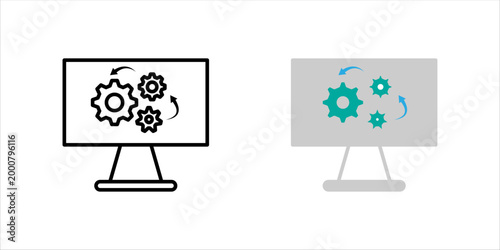 Minimal outline icon set. of computer monitor with gears representing system settings, configuration, and software management.