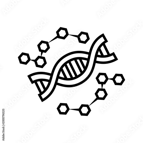 Minimal line icon showing DNA helix surrounded by molecular shapes representing chemical structures, biotechnology, and scientific analysis concepts.