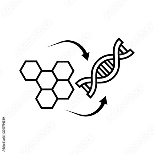 Minimal outline icon illustrating DNA strands connected with molecular structures representing biotechnology, genetic engineering, and scientific research processes.