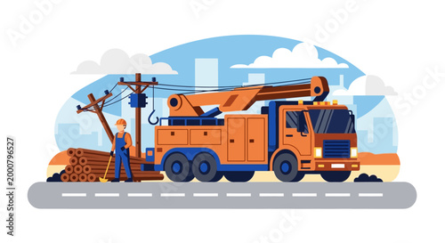 Utility Worker and Boom Truck Repairing Fallen Power Line and Pole.