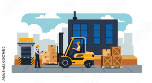 Warehouse workers loading boxes with a forklift.