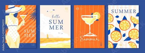 Set of summer Italian posters or covers with woman silhouette, cocktail, lemonade, lemons, beach, seagulls and seaside landscape. Vector illustration