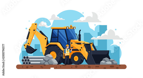 Yellow backhoe loader heavy construction machinery at work site.