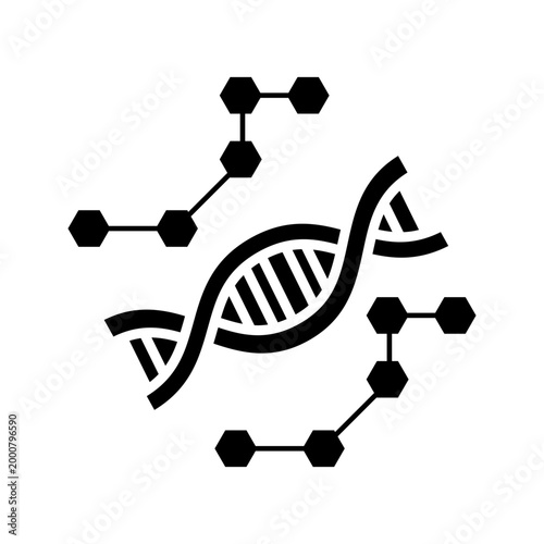 Minimal line icon showing DNA helix surrounded by molecular shapes representing chemical structures, biotechnology, and scientific analysis concepts.