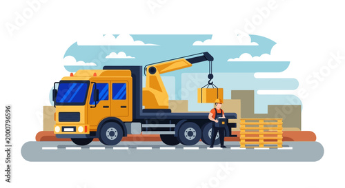 Yellow Crane Truck Lifting Cargo Box with Worker.