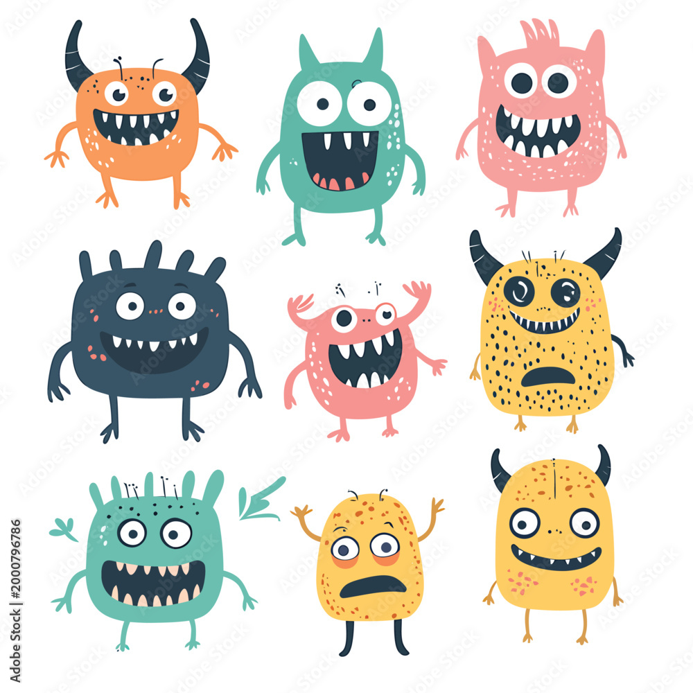 Obraz premium Collection of Nine Adorable and Colorful Cartoon Monsters.