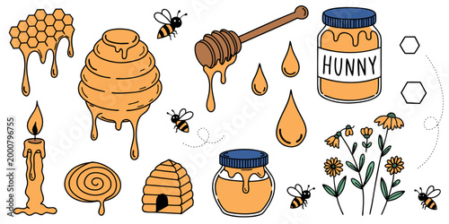 

Vector seamless pattern with honey bees and sweet organic food icons featuring jars, dippers, and healthy breakfast desserts like croissants and cake isolated on a white backgroundVector 