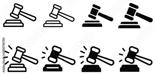 Outline and solid gavel icon set featuring gavels and sound blocks for legal proceedings and auction judgments, clean vector set of judiciary and auction icons, professional law enforcement and 