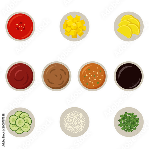 Korean sauce and condiments icon set with gochujang, kimchi, pickled radish, and dipping side dishes