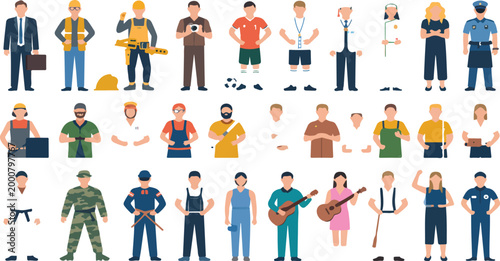 Set of different occupations characters collection with various professions people workers jobs career flat vector illustration