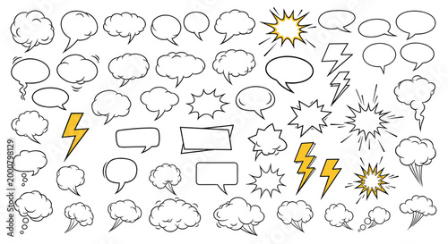 Large set of hand-drawn comic speech bubbles, thought clouds, and yellow lightning bolt symbols for dynamic storytelling.