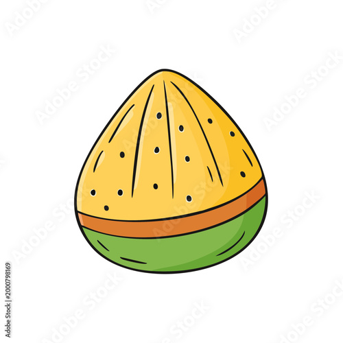Stylized cartoon slice of ripe citrus fruit with segmented yellow pulp and green rind