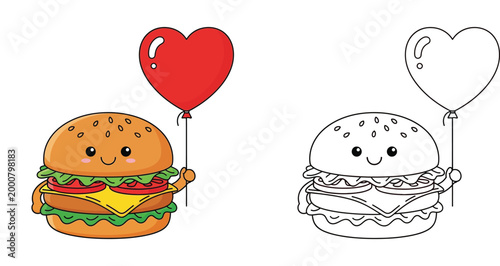 Cute Smiling Burger Holding a Red Heart Balloon - Valentine's Day Food Mascot