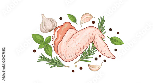 Realistic illustration of a raw chicken wing surrounded by garlic cloves, peppercorns, rosemary sprigs, and fresh basil leaves.