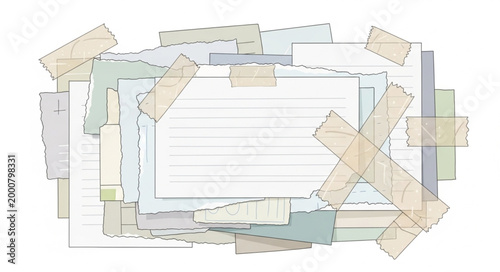 Stack of Old Papers and Notes Held Together with Tape.