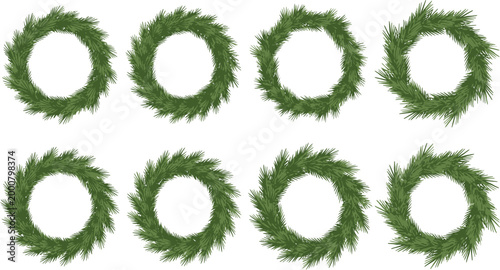 Eight green pine needle wreaths arranged in two rows of four needles circle