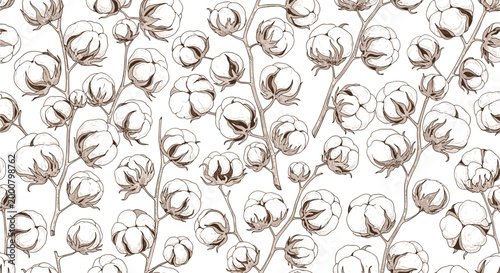 Elegant seamless pattern of delicate cotton plant branches with soft white bolls on a clean white background for textiles.