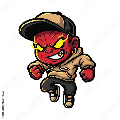 Red Demon Cartoon Character Jumping with Cap