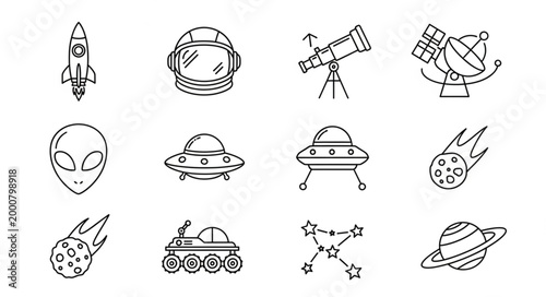 Space exploration icons collection rocket alien UFO telescope satellite.