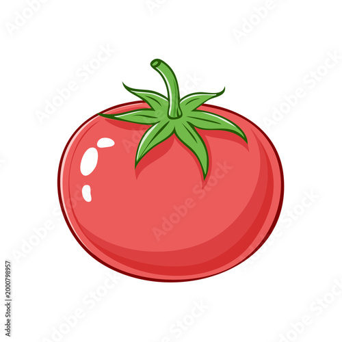 Cartoon illustration of a ripe red tomato with a green stem and leaves, isolated on white