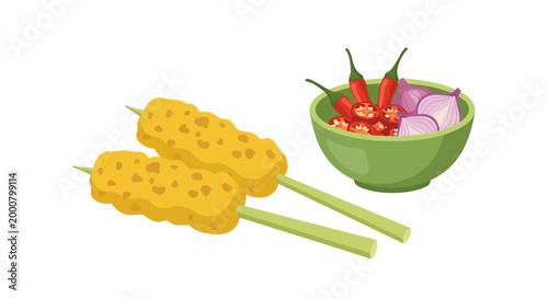 Delicious Asian skewers on lemongrass, accompanied by a spicy relish of red chilies and purple onions, a vibrant culinary illustration