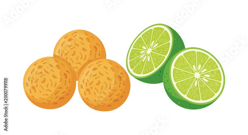 Delicious golden fried snacks paired with vibrant fresh lime halves, offering a delightful combination of savory crunch and zesty refreshment on a clean white background for culinary designs