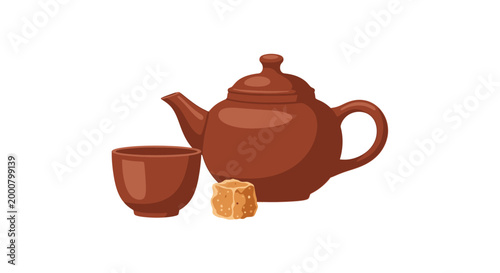 Ceramic teapot and cup with sugar cubes, ideal for a tea ceremony illustration