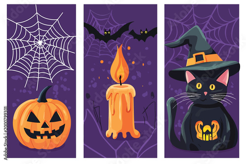 Halloween Themed Vertical Banners Featuring Pumpkin Cat and Candle.