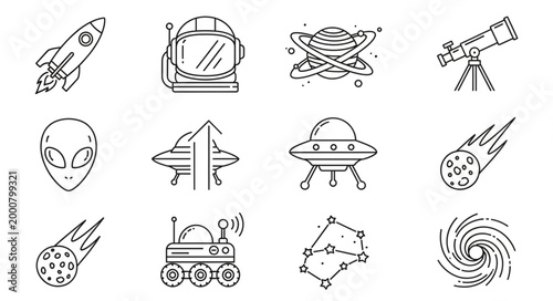 Space exploration icons rocket astronaut alien UFO telescope planets.