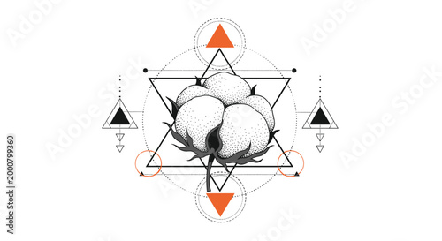 Artistic depiction of a soft cotton boll framed by intricate black and orange geometric patterns and sacred geometry symbols.