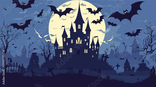 Haunted Castle Silhouette Under a Full Moon with Bats.
