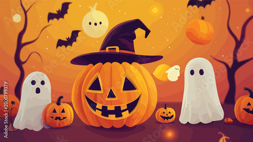 Happy Halloween pumpkin with cute ghosts and bats.