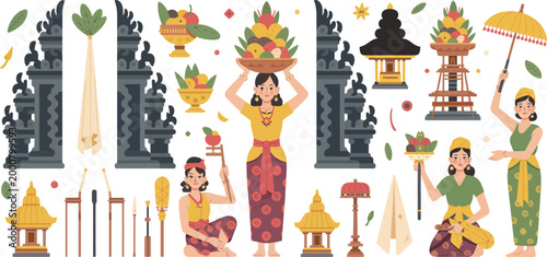 Balinese women with offering baskets, temple gates, and ritual items, vibrant flat vector illustration of traditional ceremonies in Bali, perfect for cultural, travel, and festival-themed designs.