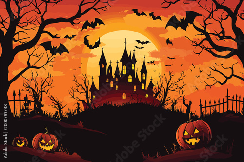 Spooky Halloween Castle with Pumpkins and Bats.