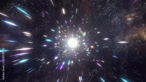 Hyperspace warp drive tunnel moving through deep cosmic stars and glowing light streaks creating a fast motion animation effect in this cinematic science fiction space video