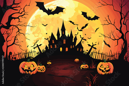 Spooky Halloween Castle with Pumpkins and Bats 1.