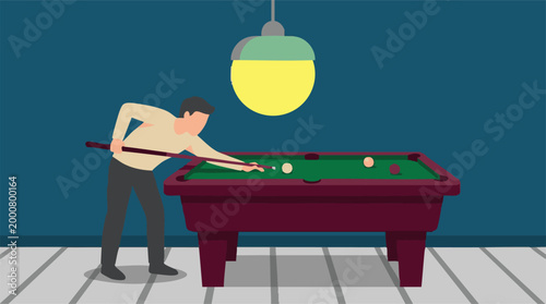 Man playing billiards on a pool table under a hanging lamp in an indoor setting
