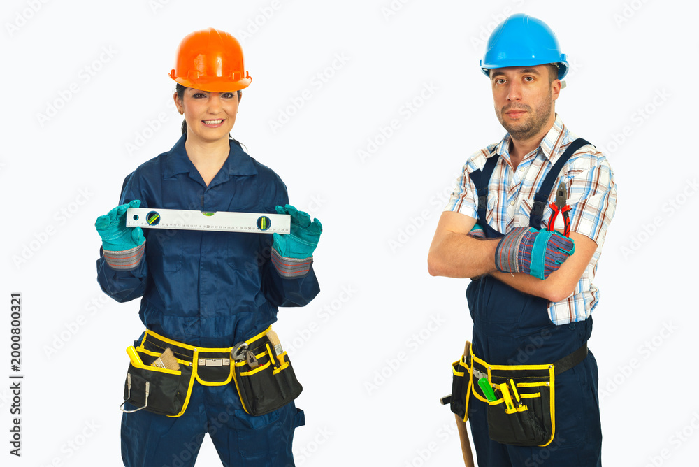 Fototapeta premium Two workers stand side by side, smiling confidently