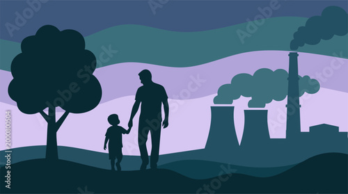 Father and Child Silhouettes Near Industrial Power Plant with Smoke