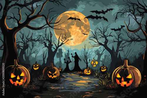 Spooky Halloween Night with Jack O Lanterns and Silhouetted Figure.