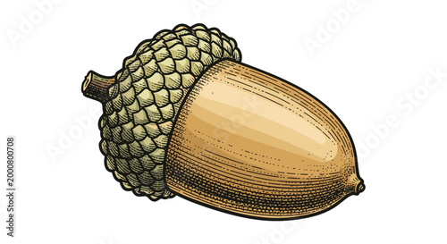 Detailed vintage-style illustration of a single acorn nut in its textured cap isolated on a white background.