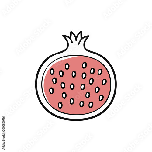 Stylized hand drawn illustration of a halved pomegranate showing seeds and vibrant pink flesh with a thin red outline