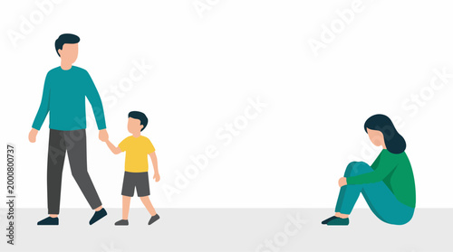 Father and son walking away from a sad, isolated woman; family separation