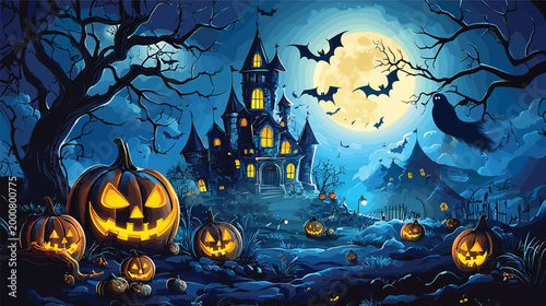 Spooky Halloween Pumpkins Glowing in the Dark Night 2.