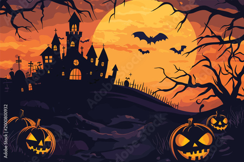 Spooky Halloween pumpkins with carved faces glowing eerily.