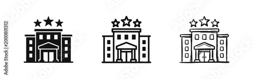 Hotel building icon set with stars, travel and accommodation concept