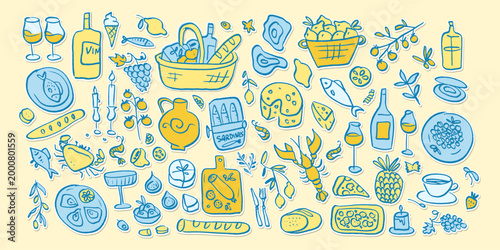 Hand drawn Amalfi picnic stickers set with wine, lemons, seafood, cheese, bread and fruit, playful Mediterranean food doodles with crafty ink texture for cafe menus, packaging, posters. vector